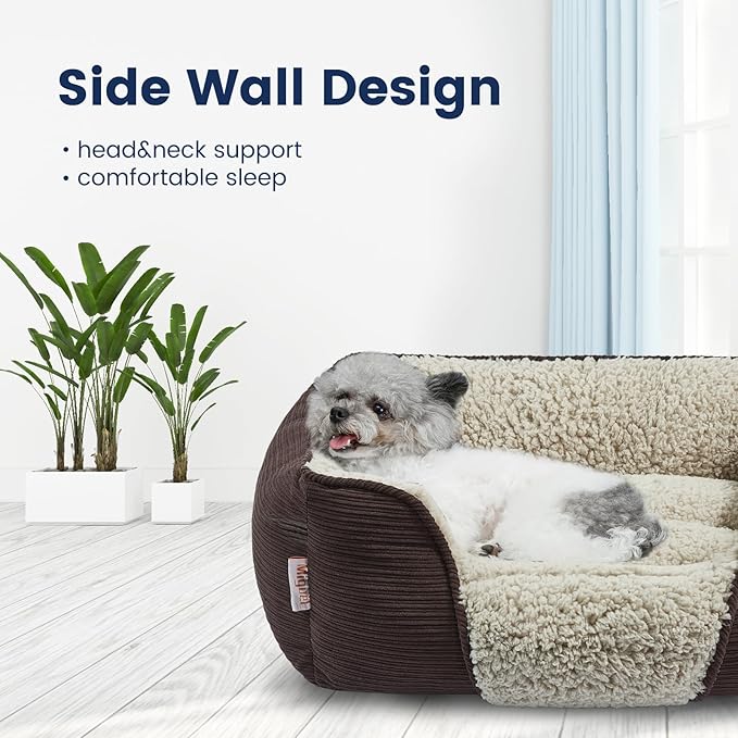 Miguel Washable Dog Bed with Removable Cushion for Small Dogs, Easy to Wash Pet Sofa Bed with Side, Rectangle Bolster Cat Bed Calming Cuddle Puppy Bed with Anti-Slip Bottom, Dark Brown 18 Inch - PAWPICO