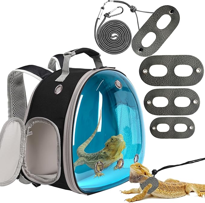 Guinea Pig Carrier,Guinea Pig Carrier for 2,Reptile Travel Carrier for Lizards Sugar Glider Hedgehog Rat Parrot Birds (Black-Blue, Backpack+Harness Leash) WEVONIGU