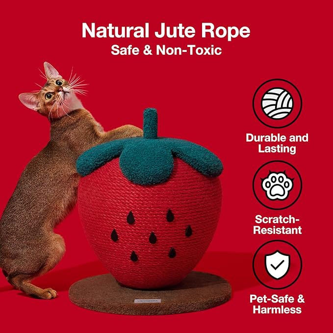 VETRESKA Strawberry Cat Scratching Post, Cute Cat Scratcher with Sisal Rope, Vertical Cat Scratch Post for Indoor Cat and Kitten, Ring Paper Strawberry Leaves Attract Cats - PAWPICO