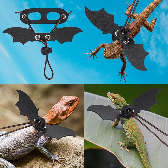 cobee Bearded Dragon Harness and Leash, 3 Pcs Adjustable Lizard Leashes, Soft Leather Reptile Lizard Leash with Cool Wings for Iguana Gecko Chameleon Amphibians Rat Small Pet Animals PAWPICO