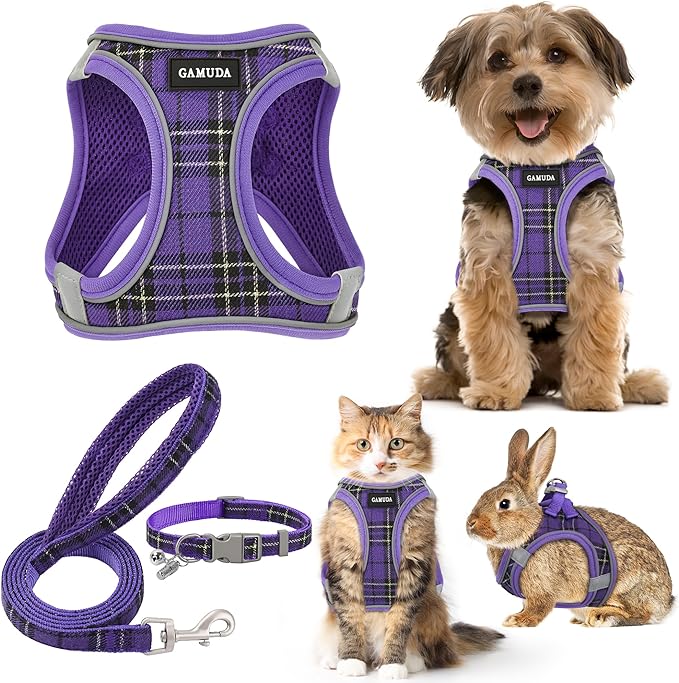 GAMUDA Small Dog Harness Collar and Leash Set, Step in No Chock No Pull Soft Mesh Adjustable Dog Vest Harnesses Plaid Reflective for Dogs Puppy Cats Kitten Rabbit (Purple, M) GAMUDACollarsCollection