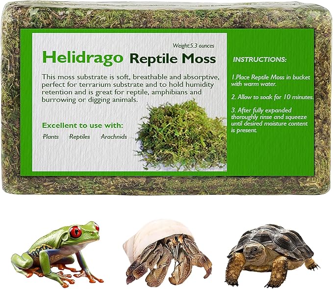 Sphagnum Moss for Reptile, Reptile Tank Accessories, Terrarium Substrate Bedding for Geckos, Hermit Crab, Frog, Snake, 5.3OZ Helidrago