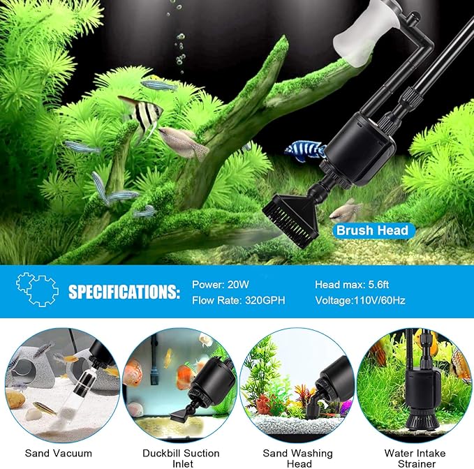 AQQA Aquarium Gravel Cleaner, 6-in-1 Electric Fish Tanks Gravel Vacuum Cleaner Set for Remove Dirt, Change Water, Wash Sand, Water Shower, Water Circulation (20W, 320GPH) AQQA