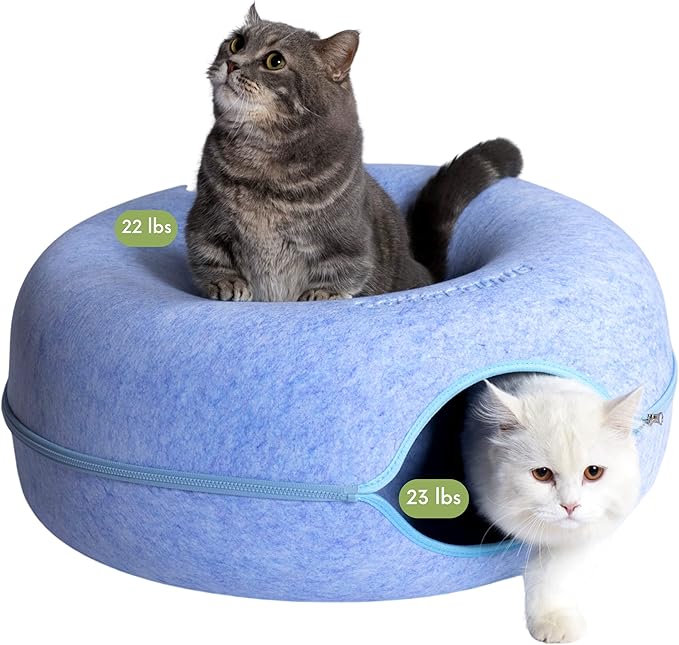 CATTASAURUS Peekaboo Cat Cave for Multiple & Large Cats Up to 30-45 Lbs, Scratch Detachable & Washable Tunnel Bed, Comfy Donut Cat Cave (Blue, Large) - PAWPICO