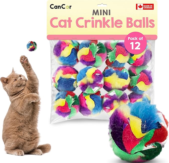 Cat Crinkle Balls 1.5 Inch (12-Pack) - Mini Crinkle Cat Toys for Indoor Cats - Multi-Color Crinkle Cat Toy - Cat Toys Crinkle Balls to Keep Fit and Active - Canadian-Made Crinkle Balls for Cats - PAWPICO