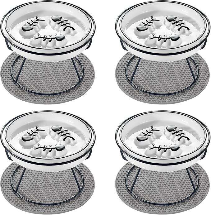 Cat Slow Feeder, Elevated Cat Food Bowl Raised Design, Dog Slow Feeder Bowl with Metal Stand, No Black Chin, Anti Vomit, Shallow Whiksker Friendly for Wet and Dry Food for Indoor Cat - PAWPICO
