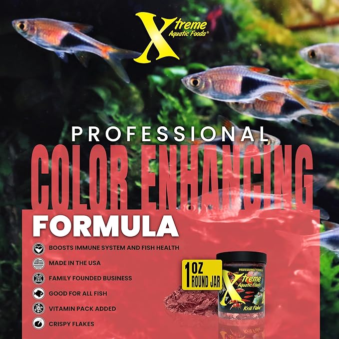 Xtreme Krill Flakes - Premium Max Protein Freshwater Fish Food with 100% Krill and Shrimp, & Vitamins for Optimal Immune and Digestive Health, Boosts Color & Energy – USA Farm Grown (1oz) XtremeAquaticFoods