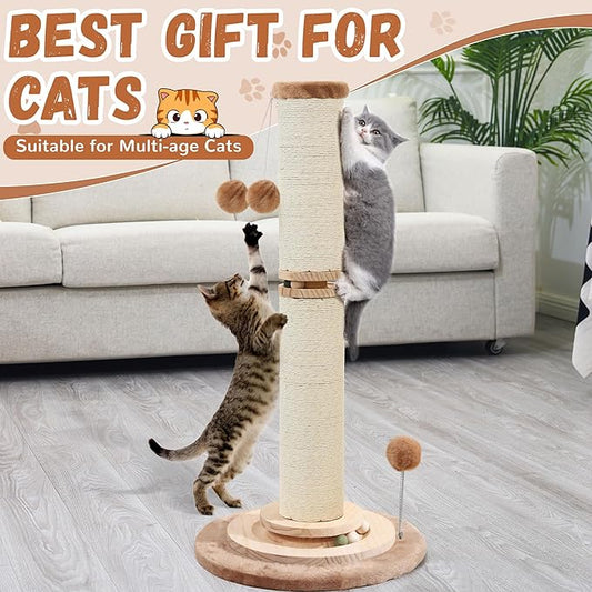OTOB 32" Tall Cat Scratching Post, 4.3Inch Large Diameter Natural Sisal Rope Scratcher Post for Indoor Large Cats Kittens, 5-in-1 Interactive Turntable Cat Scratch Post (Brown, B-33Inch) - PAWPICO