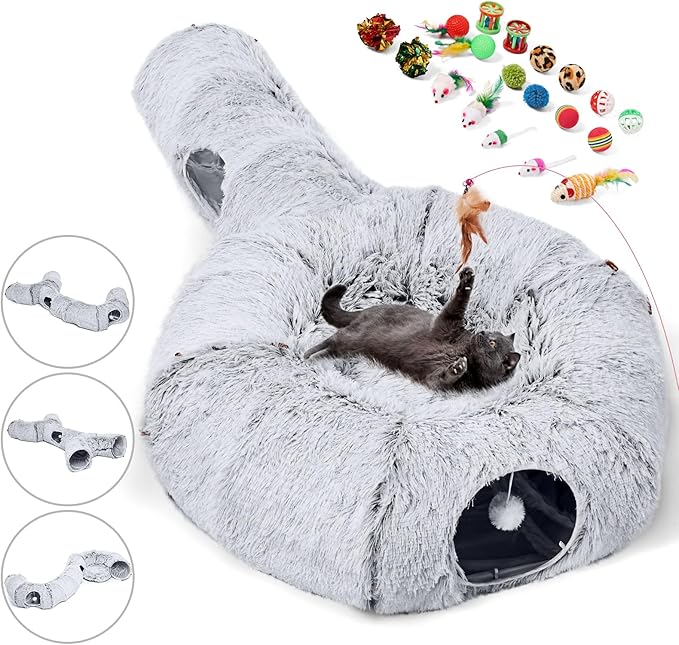 Odoland Cat Tunnels for Indoor Kitten Fluffy Cat Bed and Cat Cave Tunnels with 20 Cat Toys, Kittens Donut Tunnel and Variety Kitten Toy Set for Kitten/Puppy/Rabbit - PAWPICO