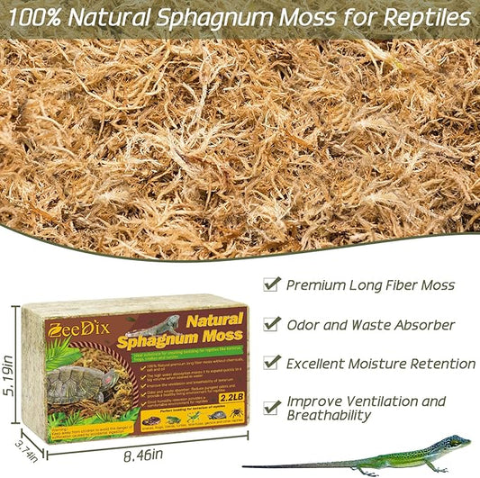 ZeeDix 2.2LBS Sphagnum Moss for Reptiles, 50QT Premium Dried Moss for Terrarium Long Fibered Leopard Gecko Moss Natural Sphagnum Peat Moss Bedding for Frogs Anoles Snake Turtle Plants ZeeDix