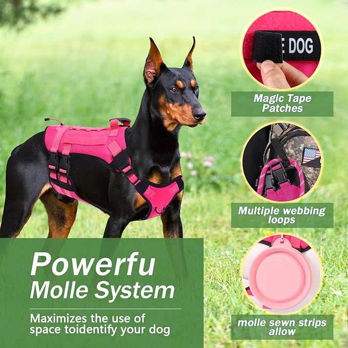 No Pull Tactical Dog Harness for Large Dogs, Escape Proof Molle Dog Vest Harness and Leash Set, Adjustable Military Service Dog Harness with Handle for Medium Large Dogs(L, Pink) Yungaspy