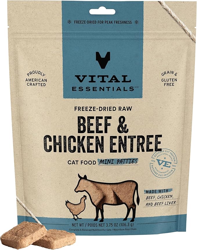 Vital Essentials Freeze Dried Raw Cat Food, Beef & Chicken Mini Patties Entree, 3.75 oz VitalEssentials