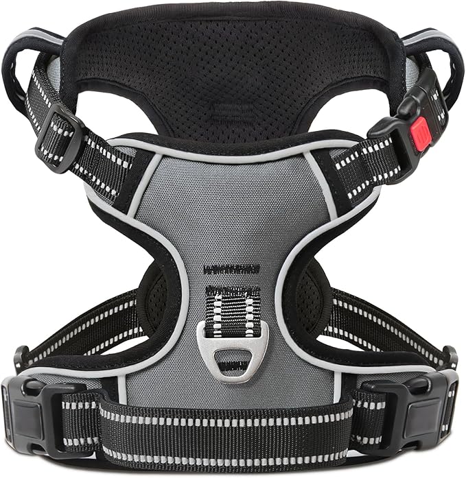 Timos Dog Harness Small Sized, No Pull Dog Harness with Neck Lockable Snap,No Choke Front Clip Dog Reflective Harness,Adjustable Metal Rings 3 Buckles,Easy Control Handle for Small Dogs Gray S Timos