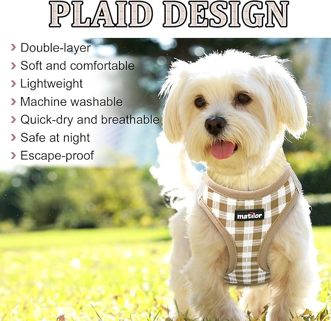 Dog Harness Step-in Breathable Puppy Cat Dog Vest Harnesses for Small Medium Dogs Beige Checkered - PAWPICO
