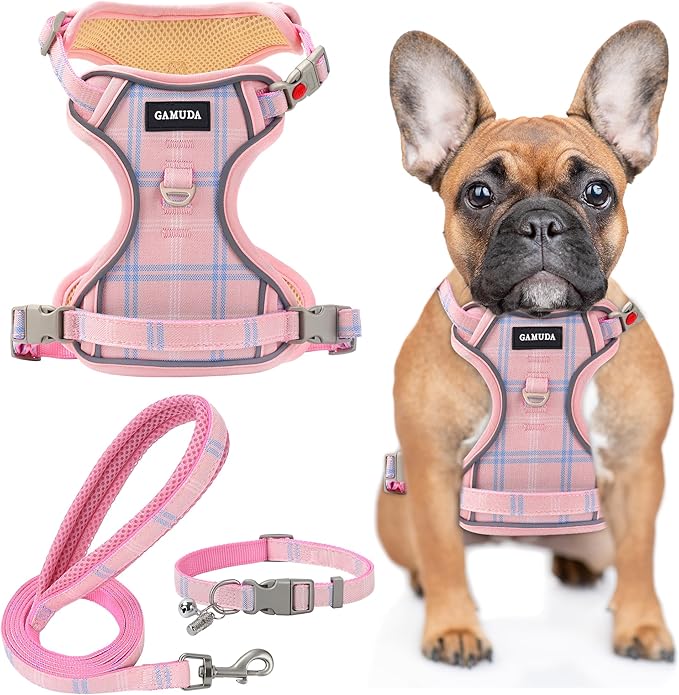 GAMUDA Dog Harness Collar and Leash Set, Dog Harness, No Chock No Pull Adjustable Vest Harnesses Plaid Reflective for Medium Dog, Cat, Small Horse, Small Bull and Pig (Pink, S) GAMUDACollarsCollection