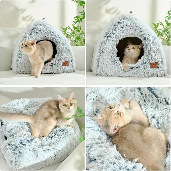 CATISM Cat Bed, Cat Cave for Indoor Cats, Soft Cat Dome, Self-Warming 2 in 1 Foldable Pet Cat House with Washable Cushioned Pillow Calming Fluffy Dog Beds for Small Dogs with Anti-Slip Bottom Gray - PAWPICO