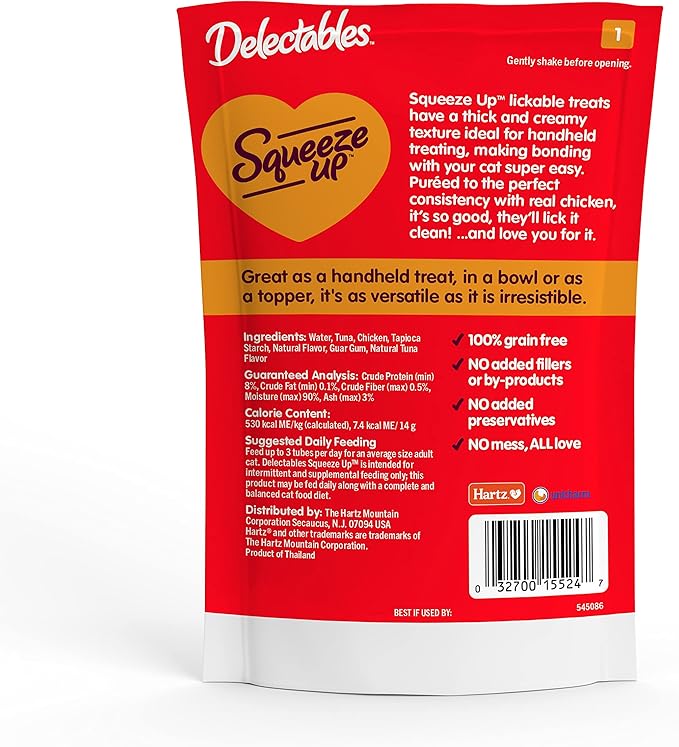 Hartz Delectables Squeeze Up Interactive Lickable Wet Cat Treats for Adult & Senior Cats, Chicken, 8 Count (Pack of 2) - Total 16 Count Hartz