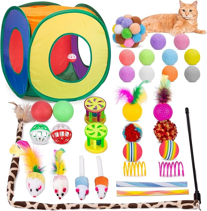 Retro Shaw Cat Toys Set 33 PCS, Interactive Cat Kitten Toys for Indoor Cats Kitty with Collapsible Cat Play Tunnel Tube Tent Cat Feather Wand Teaser Cat Bell Fuzzy Ball Springs Mouse Toys - PAWPICO