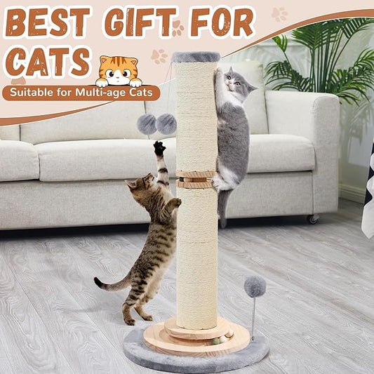 OTOB 32" Tall Cat Scratching Post, 4.3Inch Large Diameter Natural Sisal Rope Scratcher Post for Indoor Large Cats Kittens, 5-in-1 Interactive Turntable Cat Scratch Post (Gray, B-33Inch) - PAWPICO