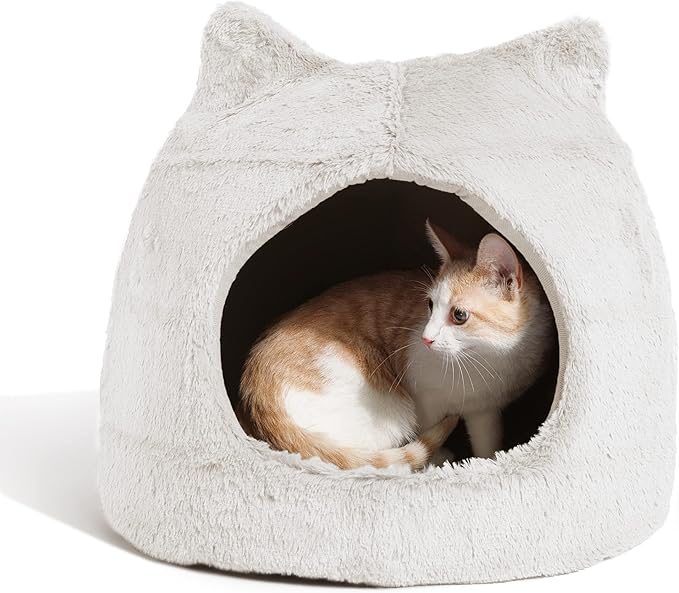 Best Friends by Sheri Meow Hut in Fur Cover Dome Cat and Dog Bed, Ivory, Small - PAWPICO