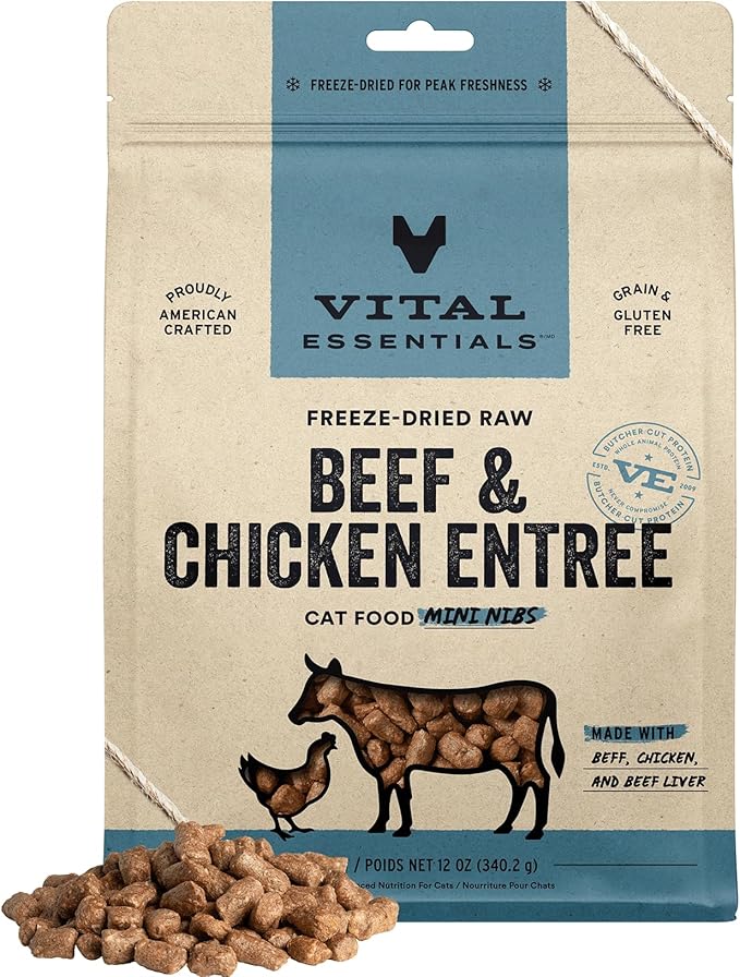 Vital Essentials Freeze Dried Raw Cat Food, Beef & Chicken Mini Nibs Entree, 12 oz VitalEssentials