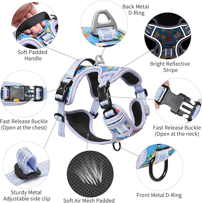 Timos Dog Harness, No-Pull Pet Harness with 2 Leash Clips, Adjustable Soft Padded Dog Vest, Reflective Outdoor Pet Oxford Vest with Easy Control Handle Timos