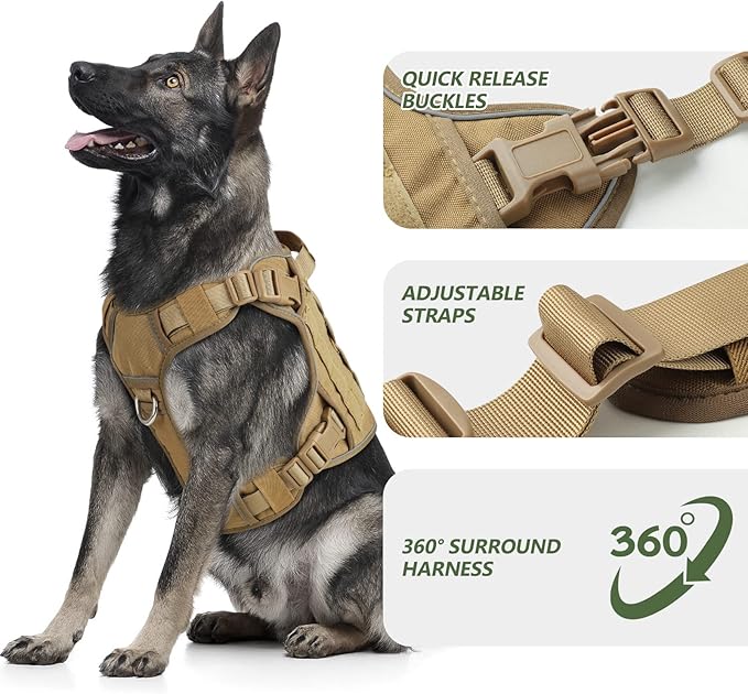 WINGOIN Tactical Dog Harness for Extra Large Dogs, Heavy Duty No Pull Dog Harness with Handle, Adjustable Reflective Military K9 German Shepherd Big Dog Vest for Training, Walking, Khaqi (XXL) - PAWPICO
