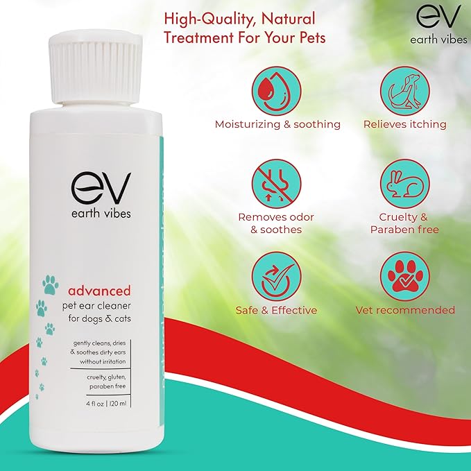 Earth Vibes Dog & Cat Ear Cleaner – Pet Cat Ear Cleaner - Advanced Natural Solution Treatment for Itching, Head Shaking, Discharge & Smelly Ears - Made in The USA EarthVibes