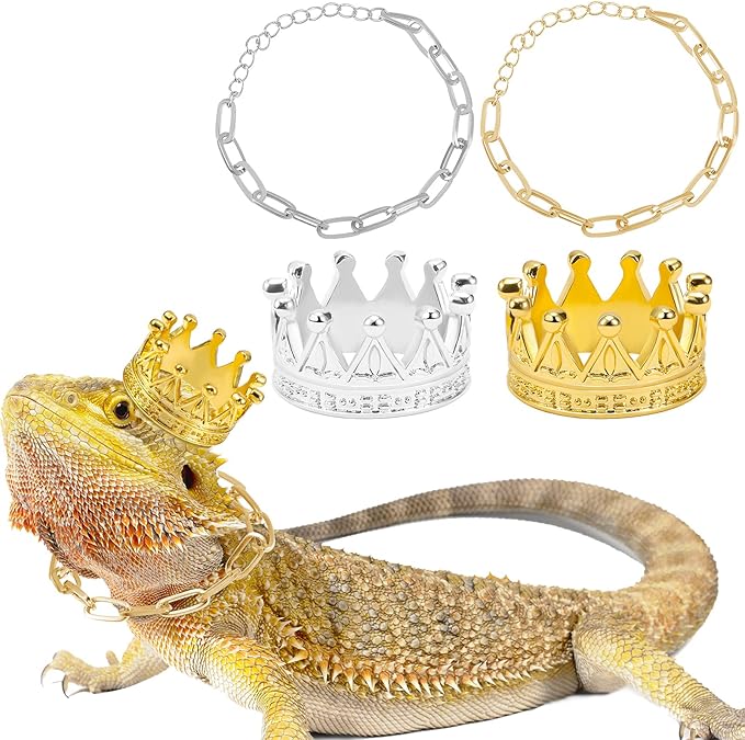 8 Pieces Lizard Crown Necklace Set Bearded Dragon Crown and Chain Gold and Silver Alloy Reptile Clothes Accessories Lizard Photo Props for Bearded Dragons Iguana Amphibians and Other Small Animals MTLEE