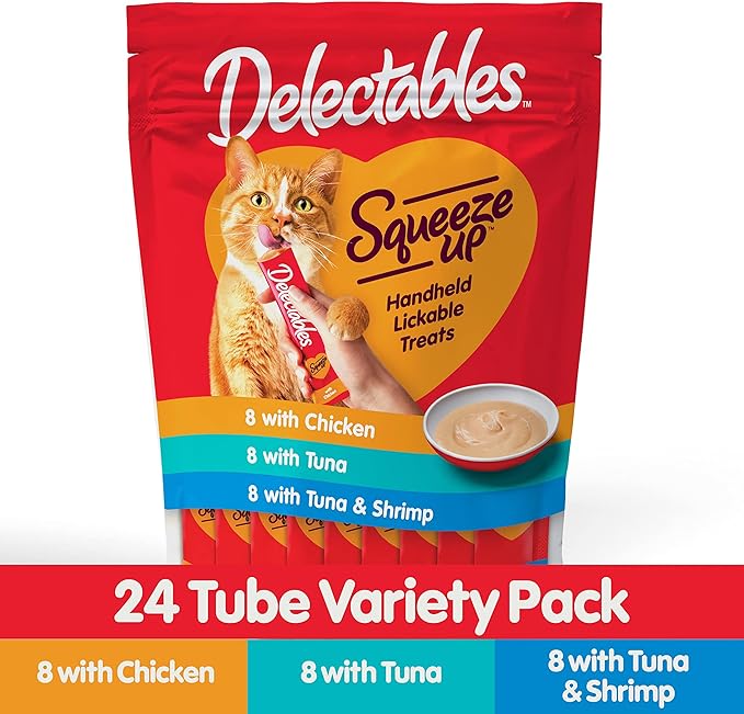 Hartz Delectables Squeeze Up Interactive Lickable Wet Cat Treats for Adult & Senior Cats, Tuna & Shrimp, 24 Count, 12 ounces Hartz