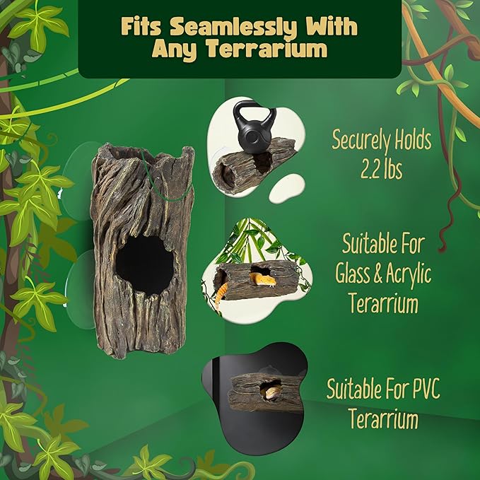Crested Gecko Hide - Essential Crested Gecko Accessories for Tank - Reptile Hide Cave with Suction Cups - Unbreakable Realistic Tree Trunk Design - Safe Resin for Geckos, Lizards, Snakes PAWPICO