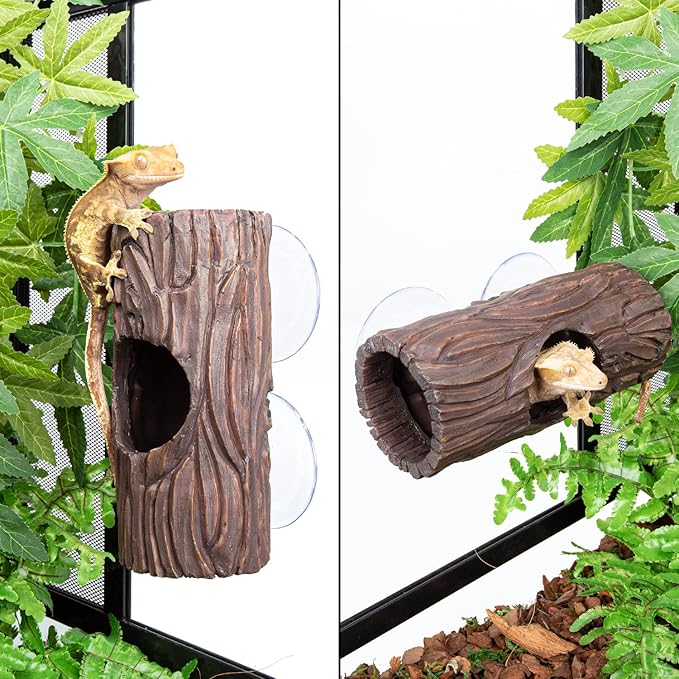 REPTIZOO Reptile Hide Cave Resin Hollow Tree Trunk Hideout Hermit Crab Climbing Toys Reptile Shelter Sleeping Cave for Arboreal Reptiles, Hermit Crabs, Leopard Gecko, Lizard Terrarium Decor REPTIZOO