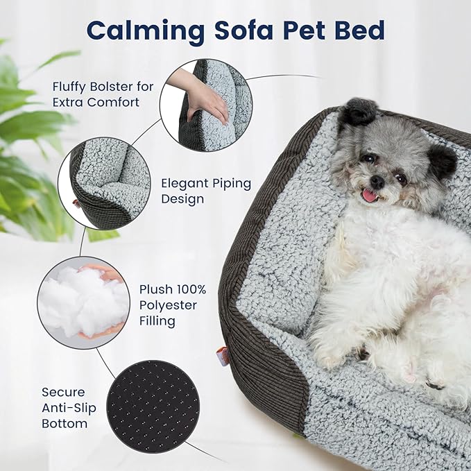 Miguel Washable Cat Beds for Indoor Cats with Removable Cushion, Easy to Wash Small Pet Sofa Bed with Side, Rectangle Bolster Kitten Bed Calming Cuddle Puppy Bed with Anti-Slip Bottom, Gray 20 Inch - PAWPICO