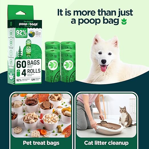 The Original Poop Bags® USDA Certified 92% Plant-Based Dog Waste Bags, 4 Rolls (15 Pet Waste Bags per Roll) - Supports "You Buy, We Donate" Initiative - Dog Poop Bags Refills, Unscented, Leak-Proof - PAWPICO