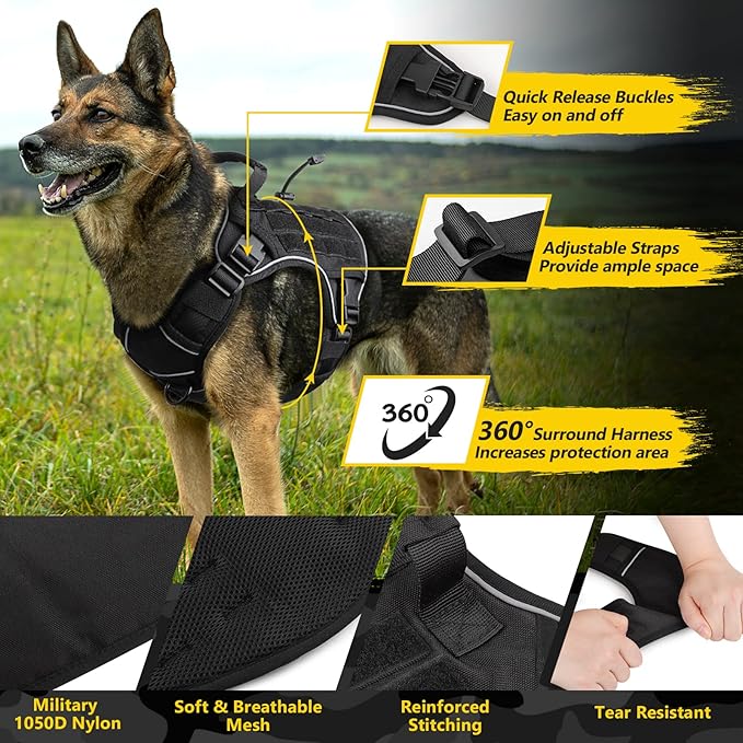 WINGOIN Black Tactical Dog Harness for Large Dogs No Pull Adjustable Reflective Military Pet Harness with Easy Control Handle with Hook & Loop Panels for Walking Hiking Training(XL) - PAWPICO