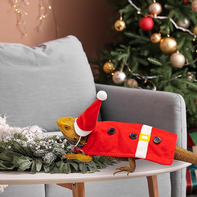 Christmas Bearded Dragon Costume, Cute Red Santa Claus Cosplay Lizard Clothes and Hat Set Outfit, Holiday Pet Costume Accessories for Reptile Small Animals tukoaw