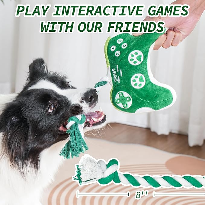 MTERSN Squeaky Dog Toys : Interactive Dog Plush Toy with Full Crinkle Paper and Cute Puppy Chew Toys with Rope - Funny Gaming Controller Shape Dog Birthday Gift (Green) - PAWPICO