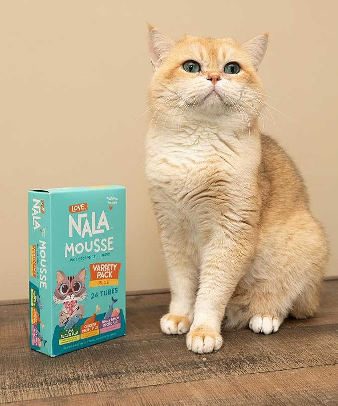 LOVE, NALA - Skin & Coat Health - Tuna & Salmon Plus Collagen Mousse - Lickable Cat Squeeze Up Wet Food Puree Treat, Topper - Grain Free, Fiber, Minerals, Vitamins - 24 Pack 15.2 oz. - PAWPICO