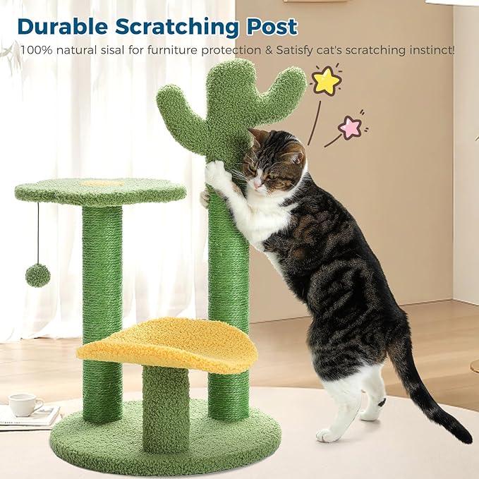 Made4Pets Cat Tree Cactus Cat Scratching Post 26” Cats Tree Tower for Indoor Cat Scratchers Kitty Tower with Flower Perch, Dangling Ball - PAWPICO