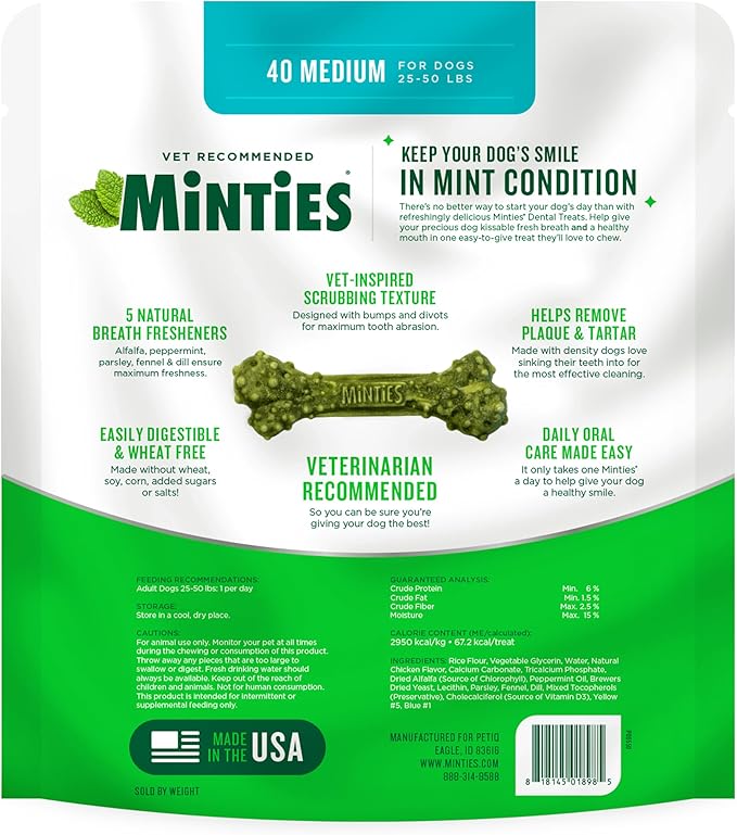 Minties Dental Chews for Dogs, 40 Count, Vet-Recommended Mint-Flavored Dental Treats for Medium Dogs 25-50 lbs, Dental Bones Clean Teeth, Fight Bad Breath, and Removes Plaque and Tartar Minties