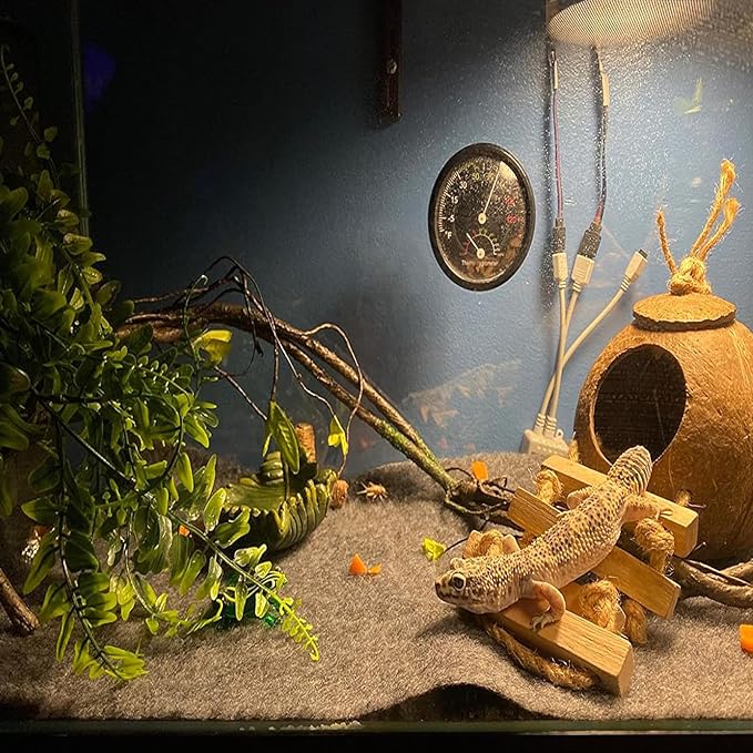 Grested Gecko Coconut Hut with Ladder,Leopard Gecko Coconut Hide Lizards Hanging Coco Den Cave Reptile Hammock Reptiles Tank Accessories Climbing Hanging Plants Jungle Vine Flexible Leaves Decor MUYG