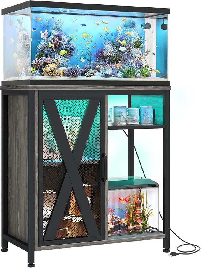YITAHOME Fish Tank Stand with Power Outlets & LED Light, 20-29 Gallon Metal Aquarium Stand with Cabinet for Fish Tank Accessories Storage for Turtle Tank, Reptile Terrarium, 350LBS Capacity, Grey YITAHOME
