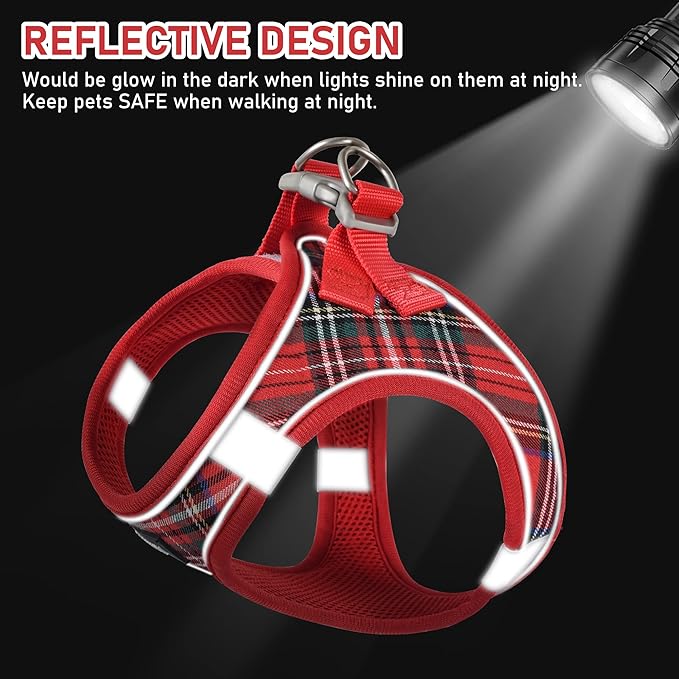 GAMUDA Small Dog Harness Collar and Leash Set, Step in No Chock No Pull Soft Mesh Adjustable Dog Vest Harnesses Plaid Reflective for Dogs Puppy Cats Kitten Rabbit (Red, M) GAMUDACollarsCollection