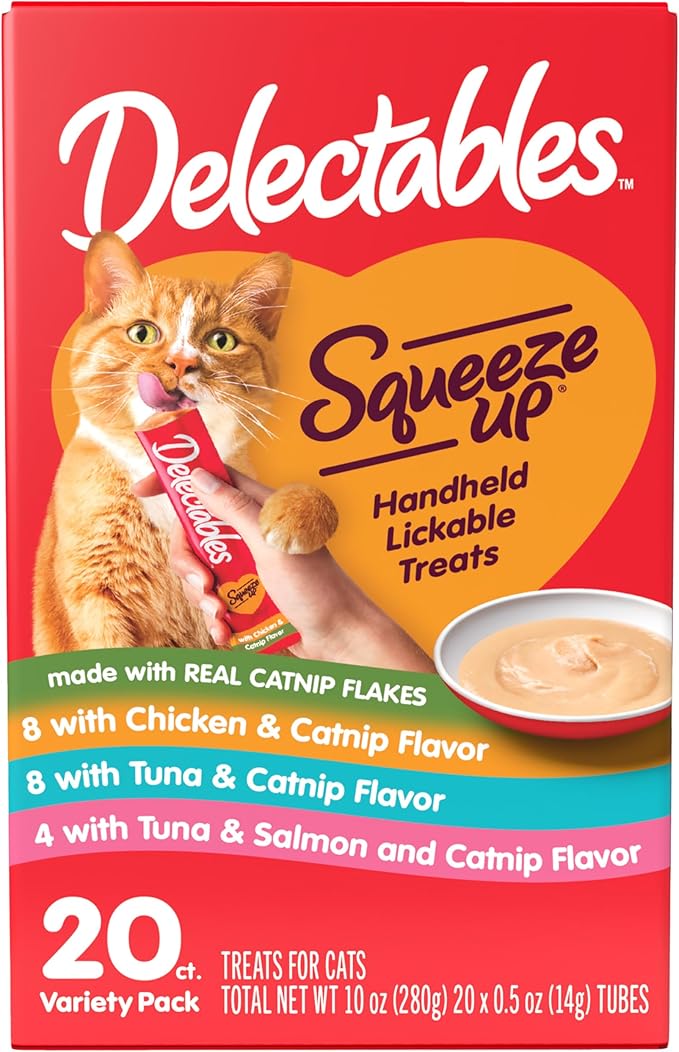 Delectables Squeeze Up Catnip Variety Pack, Creamy Squeezable Puree, Lickable Wet Cat Treats, Grain Free, No Added Fillers, No by-Products, No Added Preservatives, 0.5 Ounces Tube, 20 Tubes Total Hartz