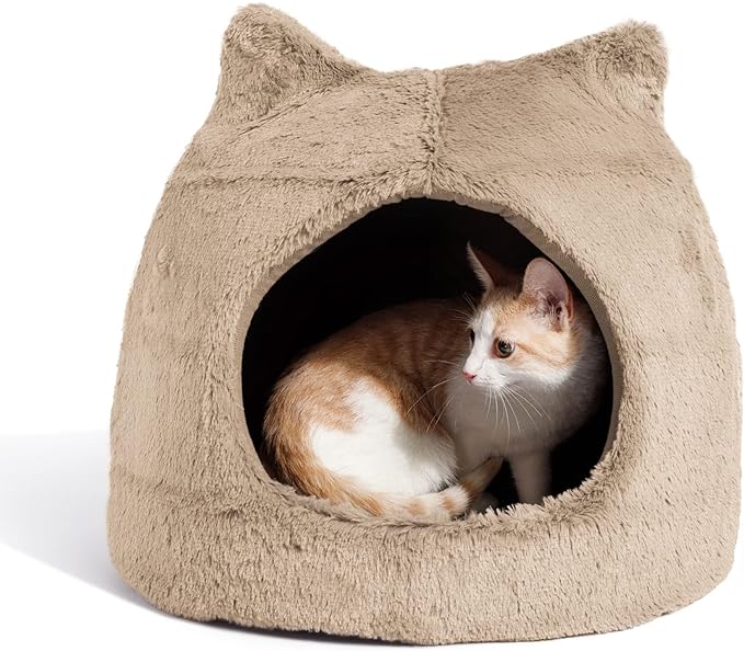 Best Friends by Sheri Meow Hut in Fur Cover Dome Cat and Dog Bed, Wheat, Small - PAWPICO
