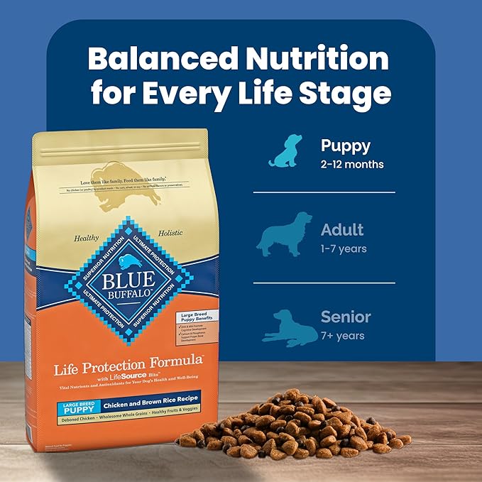 Blue Buffalo Life Protection Formula Large Breed Puppy Dry Dog Food with DHA, Vital Nutrients & Antioxidants, Made with Natural Ingredients, Chicken & Brown Rice Recipe, 15-lb. Bag - PAWPICO
