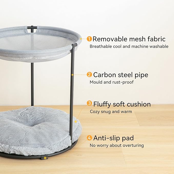 Double Cat Bed for 2 Cats Breathable Elevated Cat Beds for Indoor Cats, Round Fluffy Plush Cat Beds,18 x 16.5 x 16.5 Inch Cat Hammock Washable, Easy Assembly Cat Hammock for Multi-cat Household - PAWPICO
