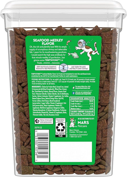TEMPTATIONS Classic Crunchy and Soft Cat Treats Seafood Medley Flavor, 16 oz. Tub Temptations