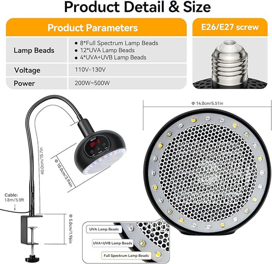 Heat Lamp for Chickens with Holder,200W-350W-500W Reptile Heating Lamp with UVA UVB Ligh 3-6-9-12H Timer, Protable Greenhouse Heater for Outdoor Chicken Coop Indoor Reptile Rabbits Dog Cats TFNN