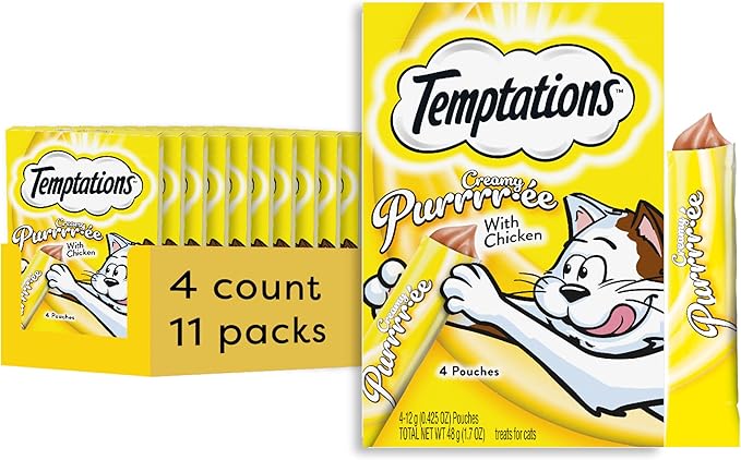 Temptations Creamy Puree with Chicken Lickable, Squeezable Cat Treats, 0.42 Oz Pouches, 4 Count (Pack of 11) - Total 44 Count Temptations